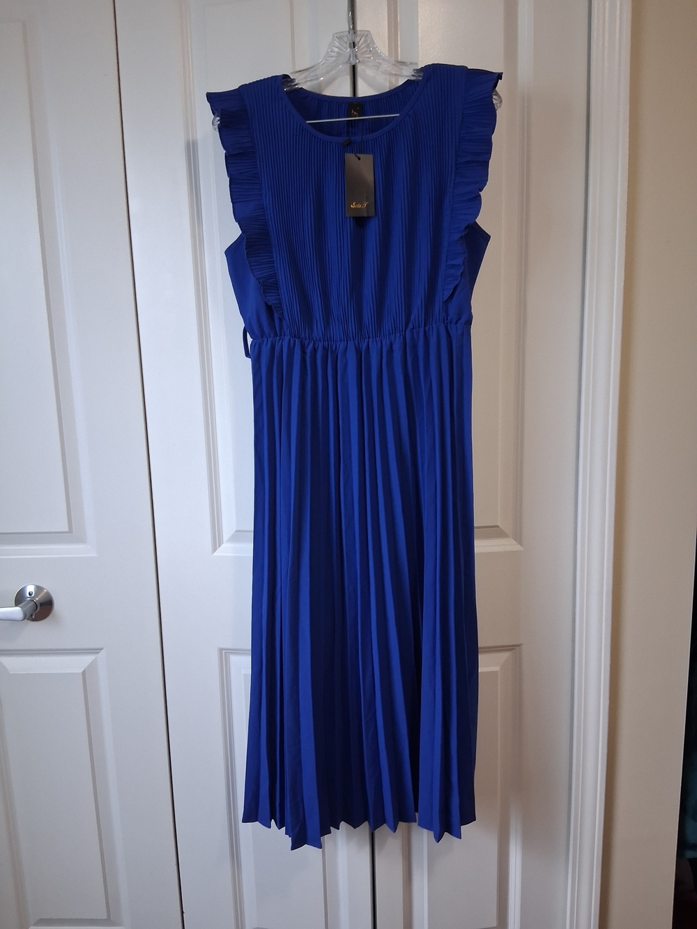 Pleated Ruffle Midi Dress in Cobalt Blue